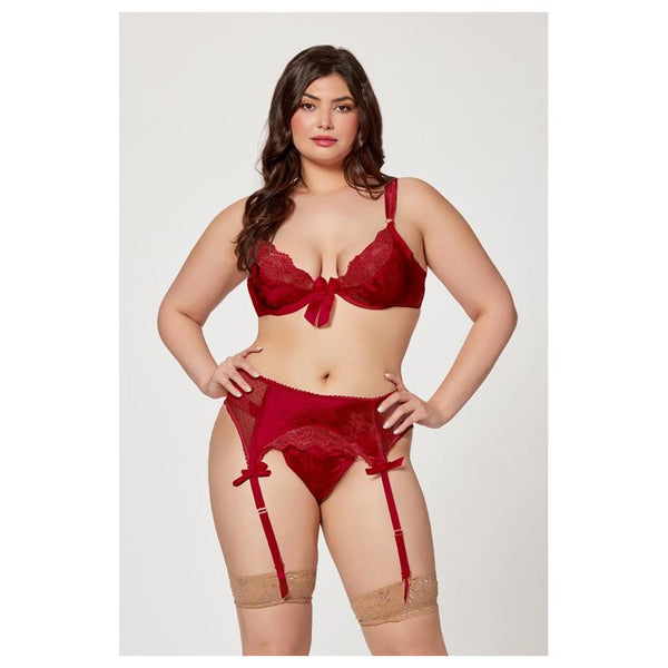 Seven Til Midnight 3 Pc Jacquard Bra Garter Belt And Panty Set 11380X Plus Size - Colour: WINE | Size: 3X/4X