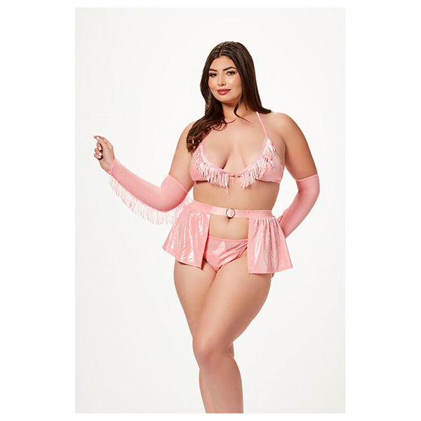 Seven Til Midnight 4 Piece Cowgirl Costume Set With Halter Bra Thong Panty Garter Skirt And Fingerless Gloves 10391P - Colour: ROSE | Size: O/SQ