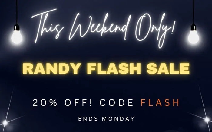 Promotional sale graphic with the text 'This Weekend Only! RANDY FLASH SALE 20% OFF! CODE FLASH ENDS MONDAY' on a dark background with hanging light bulbs and starburst effects.