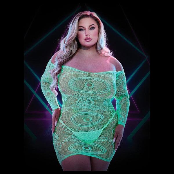 Lapdance Lingerie Lapdance Mini Dress with Off the Shoulder Sleeves - Colour: Glow In The Dark