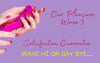 A person's hands with red and white manicured nails hold a bright pink personal massager against a solid lavender background, with promotional text reading 'Our Pleasure Wave 3', 'Satisfaction Guarantee', and 'WAVE HI OR SAY BYE.