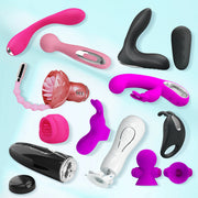 A set of pink, black, and white personal massagers and intimate accessories arranged on a light blue gradient background.