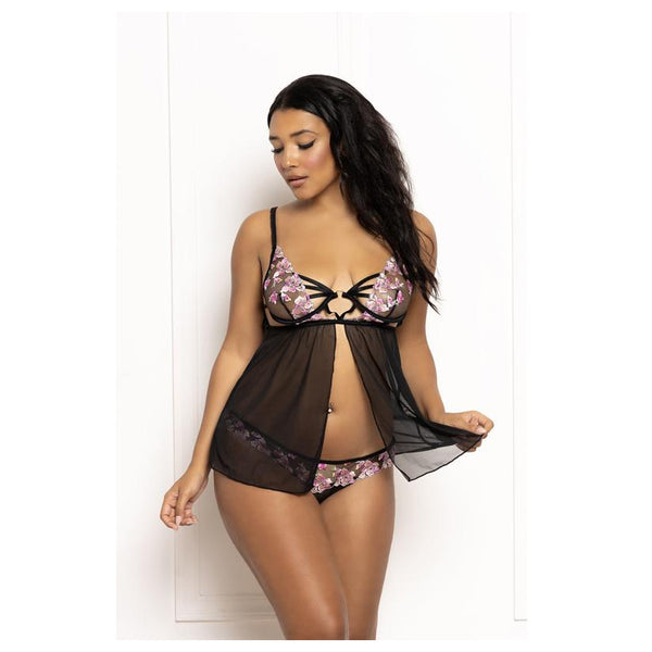 Seven Til Midnight STM-11647 Two Piece Babydoll Set Multicolored Embroidered Floral Galloon Lace And Mesh Babydoll With Underwire