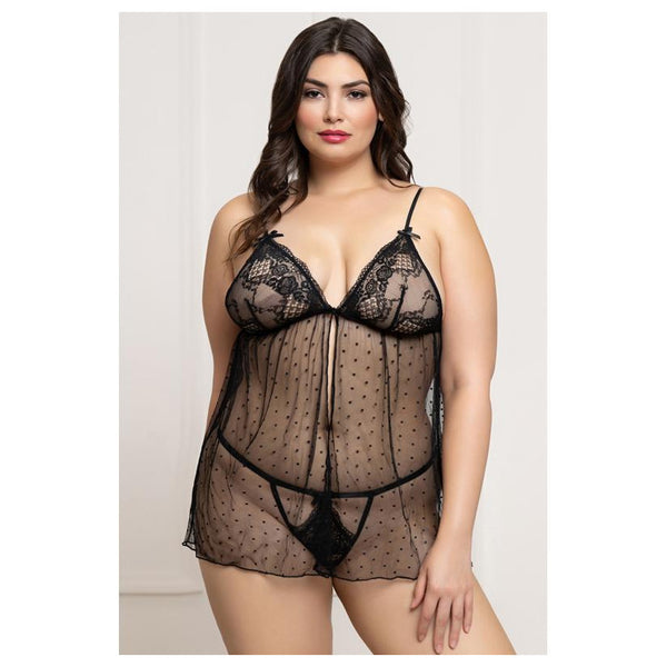 Seven Til Midnight STM-11821P Plus Size Two Piece Lace and Dot Mesh Babydoll Set - Colour: Black | Size: OSX