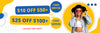 Promotional banner with discount text '$10 OFF $50+', '$25 OFF $100+', 'CODE OFF10', 'CODE OFF25', and 'LIMITED TIME ONLY!' alongside a woman in a black hat and sunglasses on a white background with yellow and blue graphic shapes.