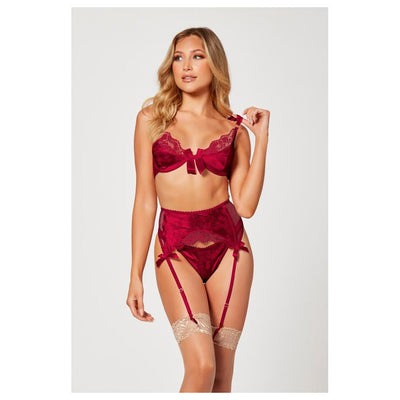 Seven Til Midnight 3 Pc Jacquard Bra Garter Belt And Panty Set 11380