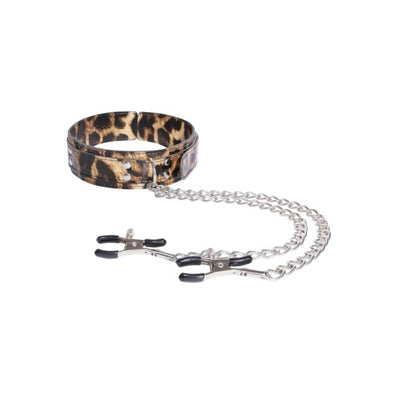 Excellent Power Leopard PU Collar with Nipple Clamps
