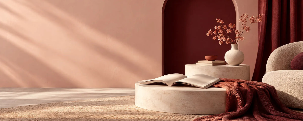 Warm editorial reading room with an open book and flowers