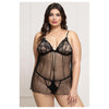 Seven Til Midnight STM-11821P Plus Size Two Piece Lace and Dot Mesh Babydoll Set - Colour: Black | Size: OSX