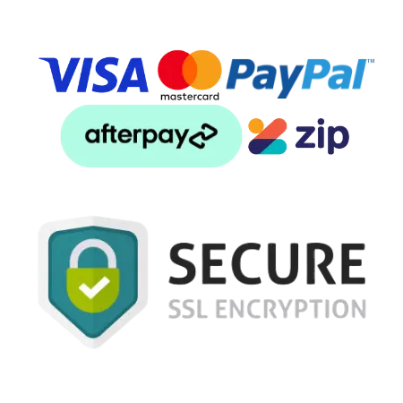 Payment security graphic showing VISA, PayPal, afterpay, and zip logos above a shield icon with a lock and the text 'SECURE SSL ENCRYPTION' on a white background.